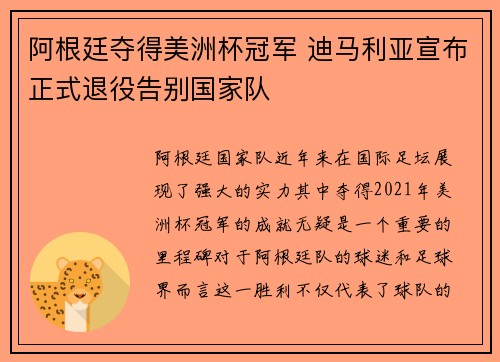 阿根廷夺得美洲杯冠军 迪马利亚宣布正式退役告别国家队